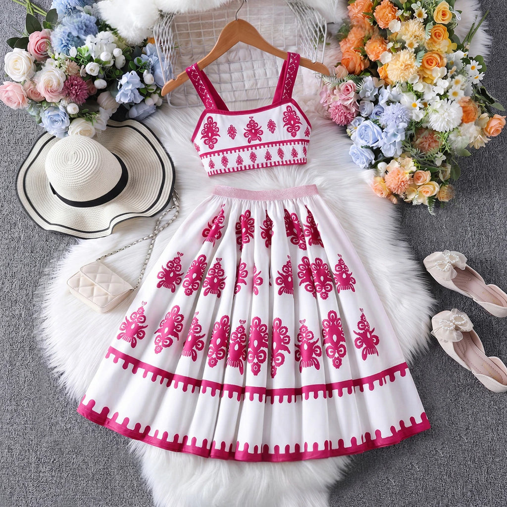 Girls Pink Ethnic Print Sleeveless Top With Skirt Sets 2 pc. Sets Pink 7-8 Y