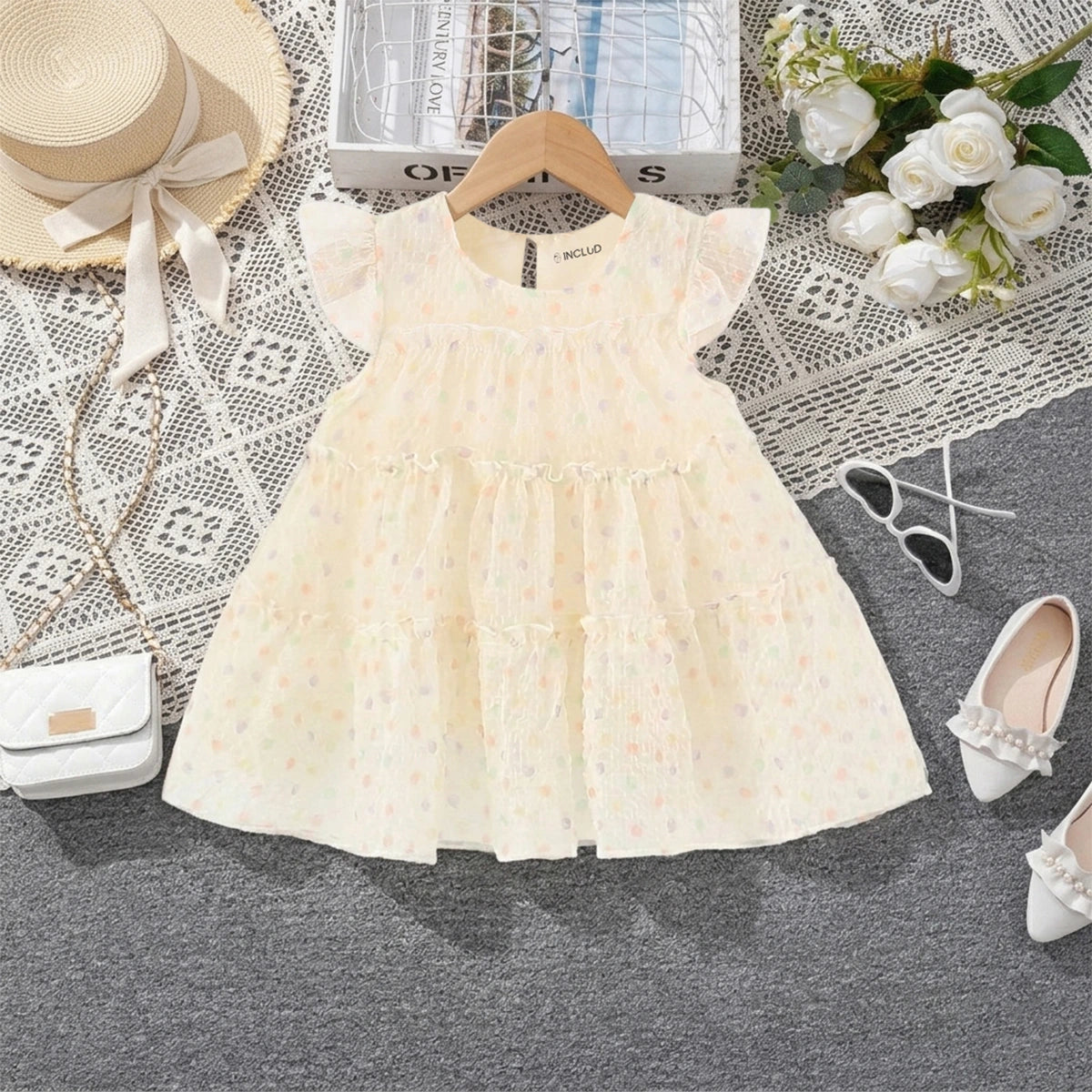 Girls Apricot Polka Dot Print A-Line Dress Casual Dresses Apricot 1-2 Y