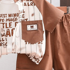 Boys Brown Typographic Print Shirt With T-Shirt & Shorts Set Sets