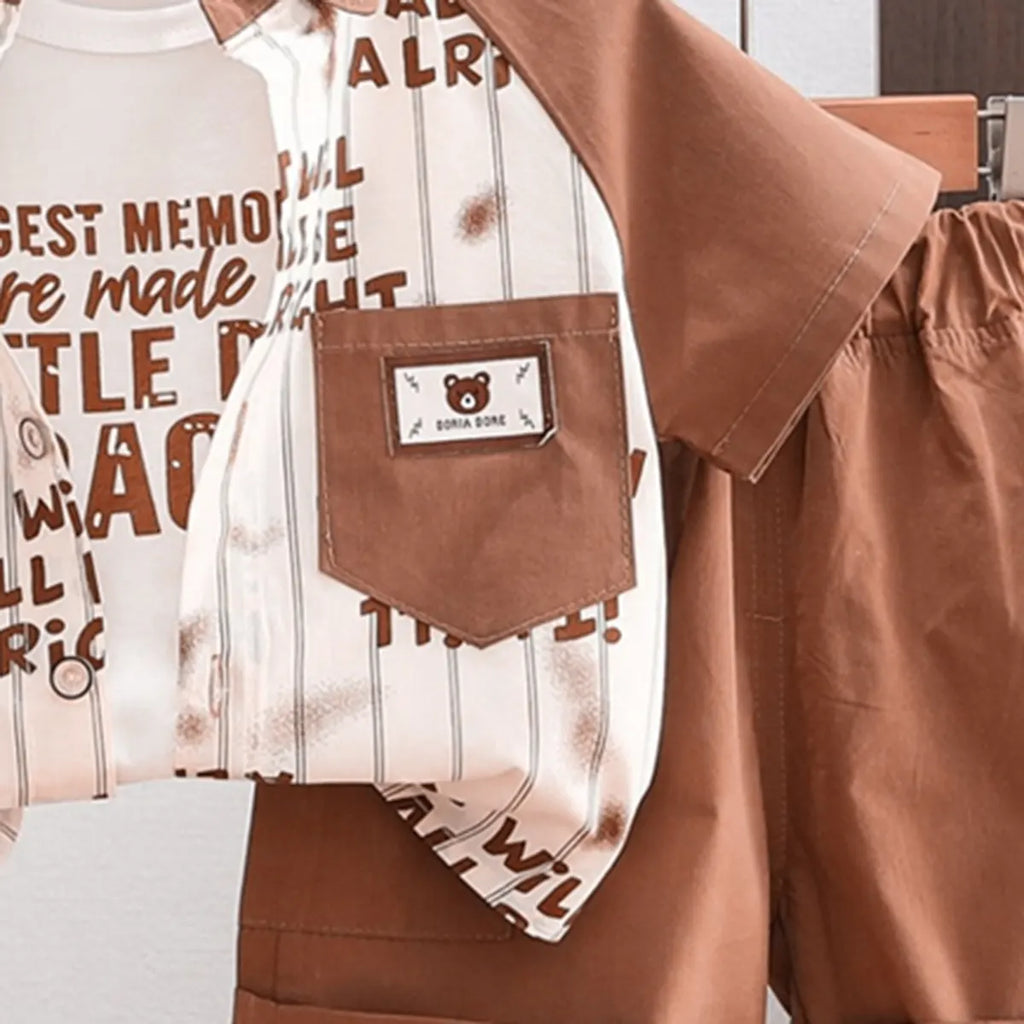 Boys Brown Typographic Print Shirt With T-Shirt & Shorts Set Sets