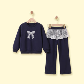 Girls Navy Blue Bow Applique Sweatshirt With Pants Sets 2 pc. Sets Navy Blue 3-4 Y