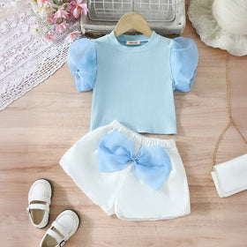 Girls Sky Blue Puff Sleeves Top With Mini Bow Applique Shorts Set Sets Sky Blue 2-3 Y