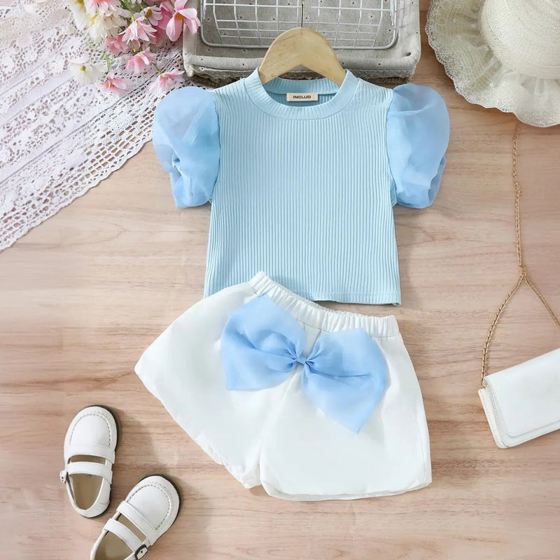 Girls Sky Blue Puff Sleeves Top With Mini Bow Applique Shorts Set Sets Sky Blue 2-3 Y