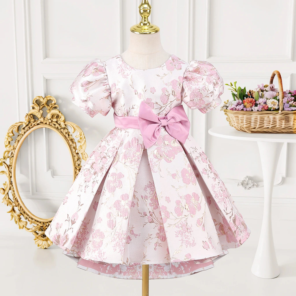 Girls Pink Floral Print Puff Sleeves Fit & Flare Dress Party Dresses Pink 2-3 Y
