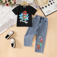 Boys Black Graphics Short Sleeves T-Shirt With Denim Pants Set Sets Black 3-4 Y