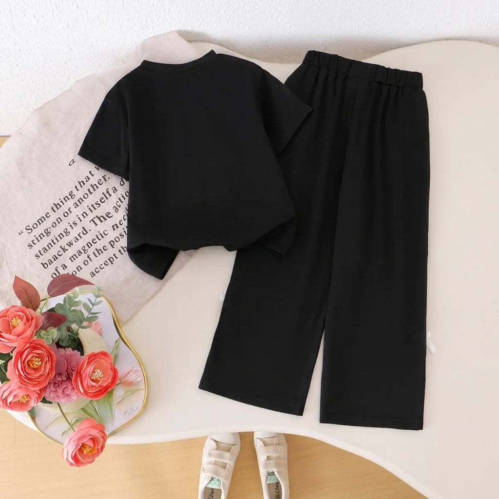Girls Black Bow Embroidered Short Sleeve T-Shirt With Pants Sets 2 pc. Sets