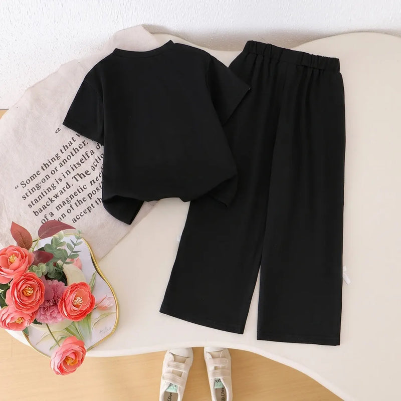 Girls Black Bow Embroidered Short Sleeve T-Shirt With Pants Sets 2 pc. Sets