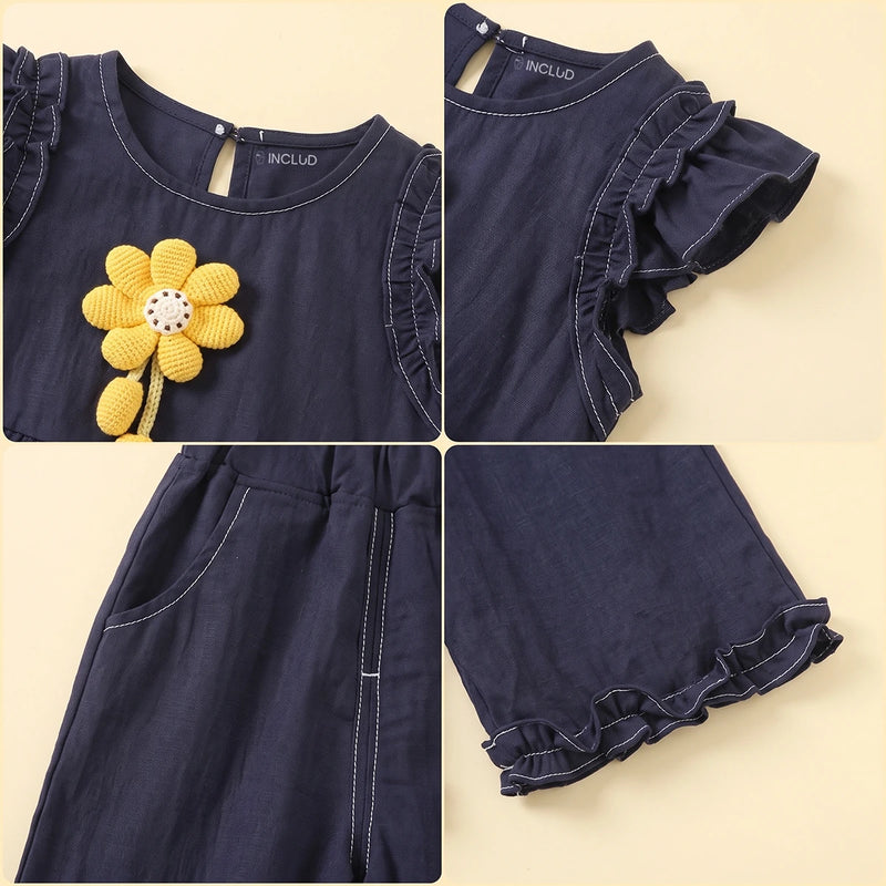 Girls Navy Blue Floral Applique Top With Pants Sets 2 pc. Sets