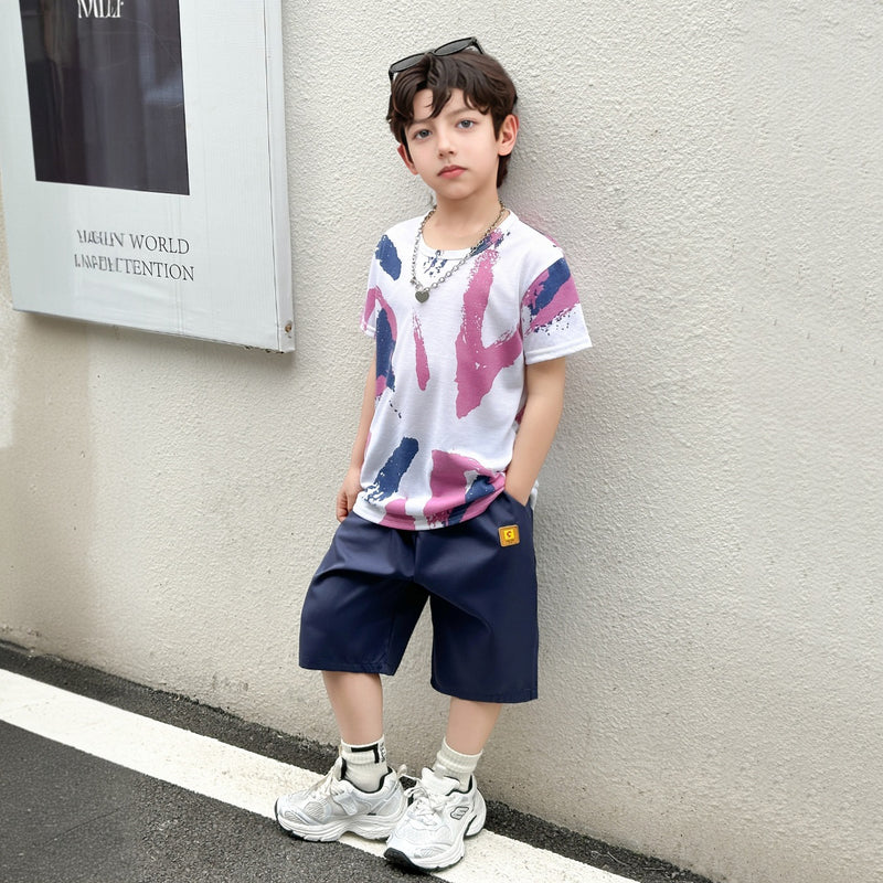 Boys White Abstract Printed Short Sleeve T-Shirt With Shorts Sets 2 pc. Sets