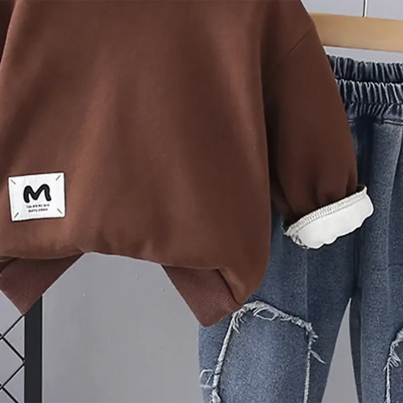 Boys Brown Long Sleeve Hooded Sweatshirt With Elasticated Jeans Set Sets