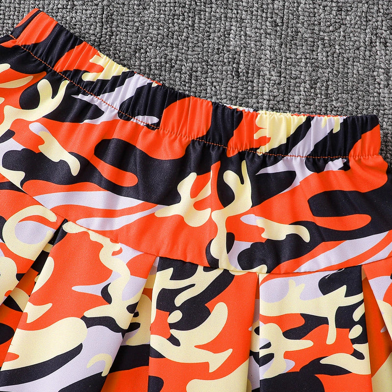 Girls Orange Crop Top With Camisole Top & Printed Skirt Sets 3 pc. Sets