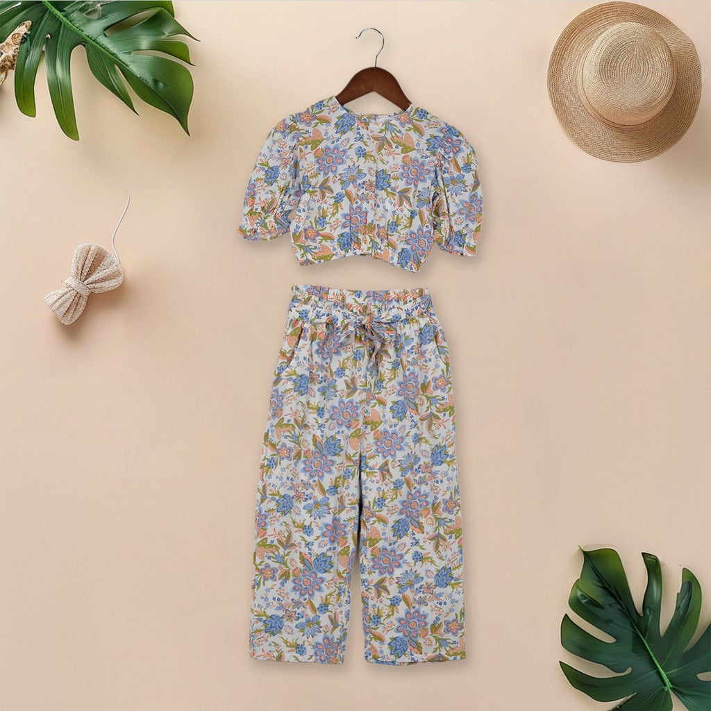 Girls Floral Print Short Sleeve Top With Wide Leg Pants