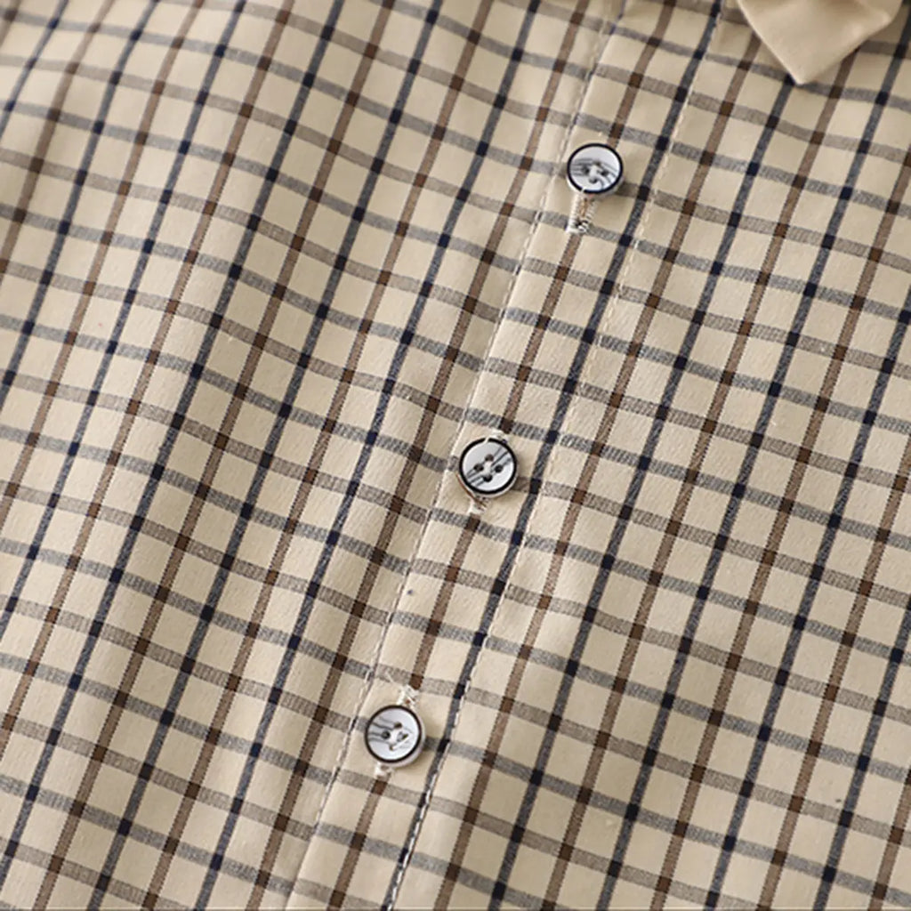 Boys Khaki Checked Button-Down Shirt With Shorts Sets Sets