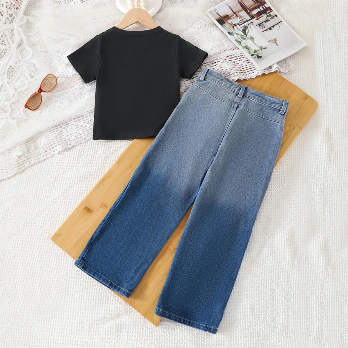 Girls Black Floral Applique Short Sleeve T-Shirt With Denim Jeans Sets 2 pc. Sets