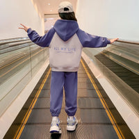 Girls Purple R Letter Printed Hooded Sweatshirt With Jogger Sets Sets
