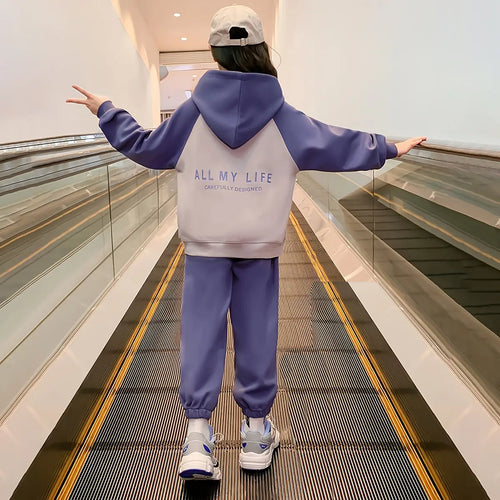 Girls Purple R Letter Printed Hooded Sweatshirt With Jogger Sets Sets