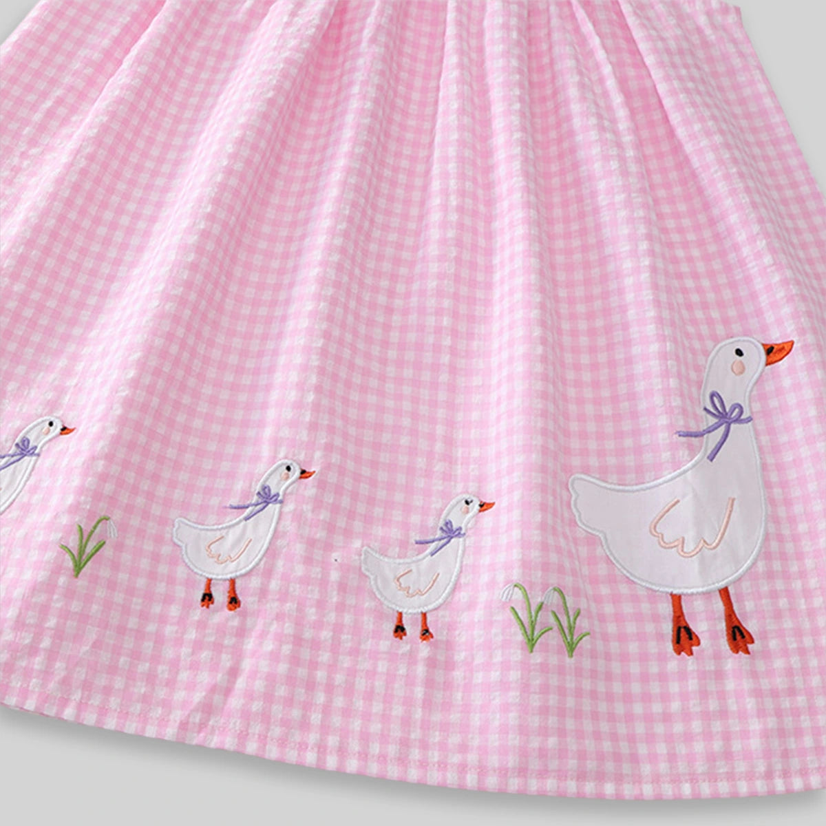 Girls Pink Gingham Checked Sleeveless A-line Dress With Duck Applique Casual Dresses