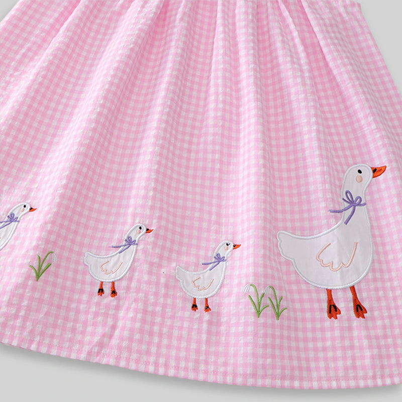 Girls Pink Gingham Checked Sleeveless A-line Dress With Duck Applique Casual Dresses