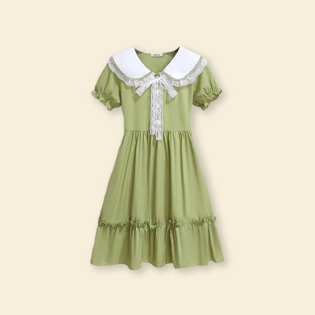 Girls Puff Sleeve Peter Pan Collar Fit & Flare Dress Casual Dresses   