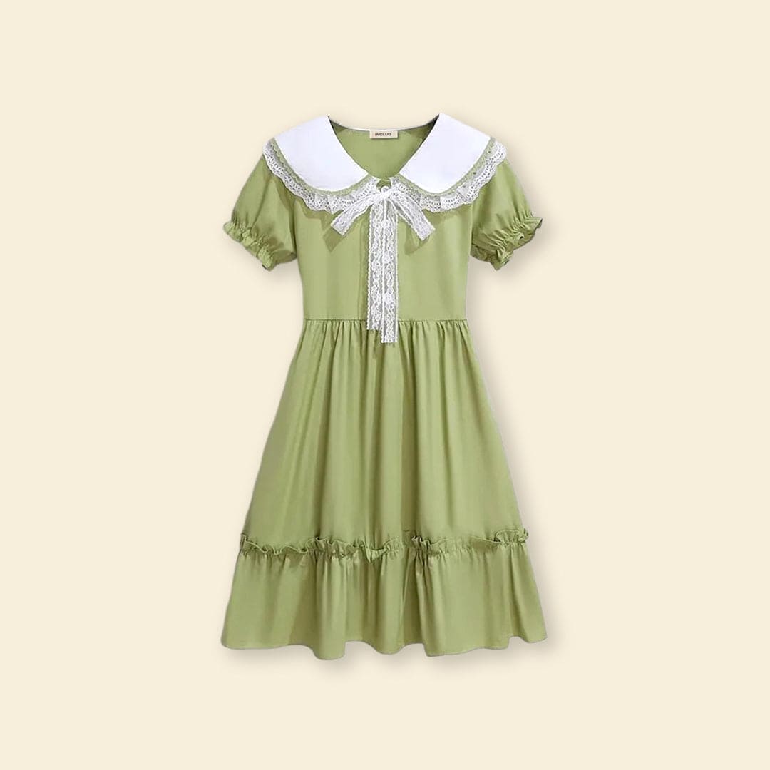 Girls Puff Sleeve Peter Pan Collar Fit & Flare Dress Casual Dresses   