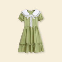 Girls Puff Sleeve Peter Pan Collar Fit & Flare Dress Casual Dresses   