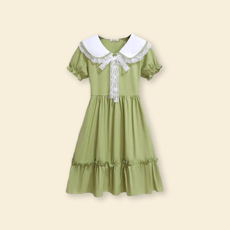 Girls Puff Sleeve Peter Pan Collar Fit & Flare Dress Casual Dresses   