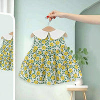 Girls Yellow Floral Print Peter Pan Collar Tiered Dress Casual Dresses