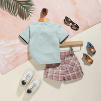 Boys Green Patch Embroidered T-Shirt With Checked Shorts Sets Sets