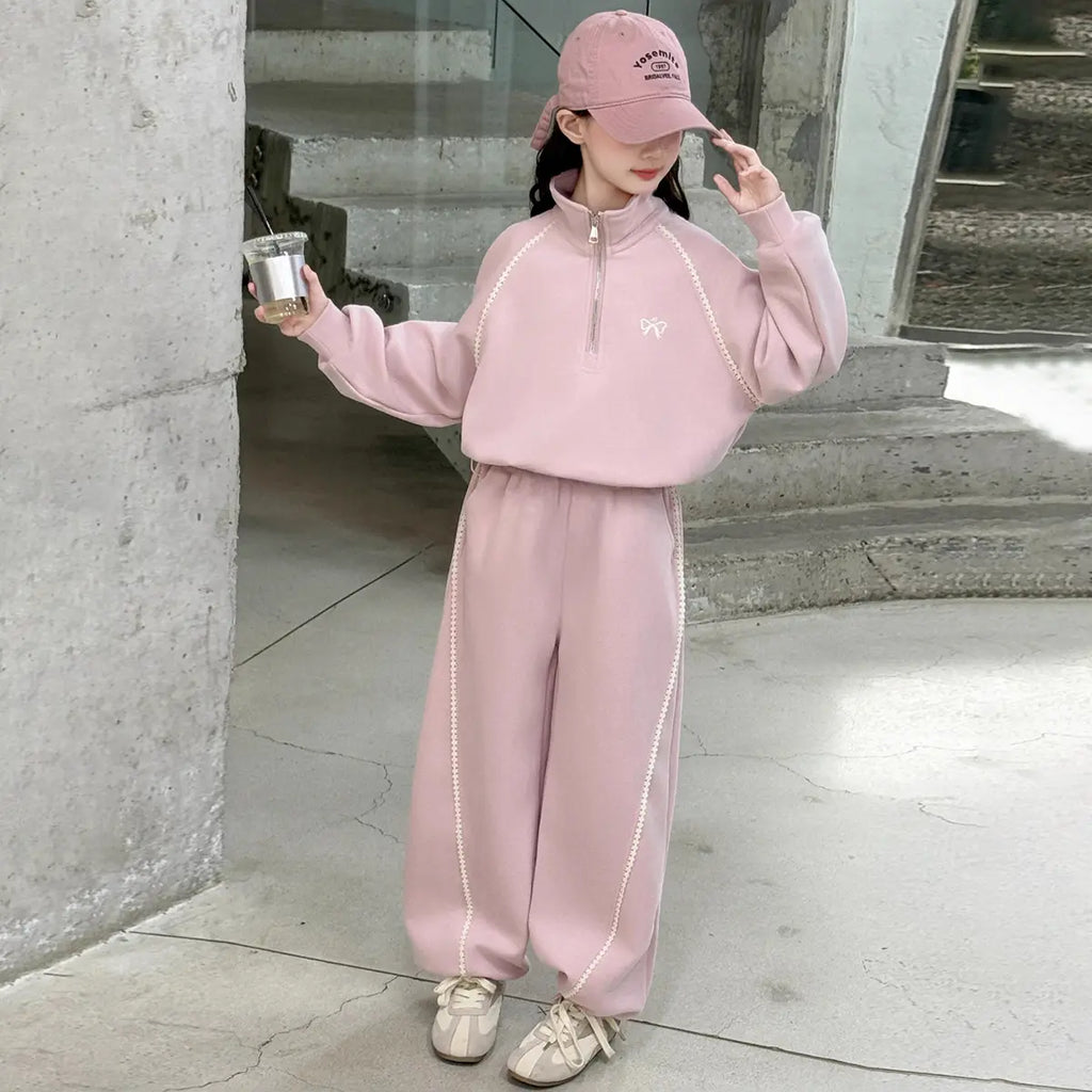 Girls Pink Half Zipper Pullover Top With Wide Leg Pants Co-ord Sets Sets Pink 5-6 Y