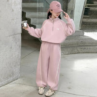 Girls Pink Half Zipper Pullover Top With Wide Leg Pants Co-ord Sets Sets Pink 5-6 Y
