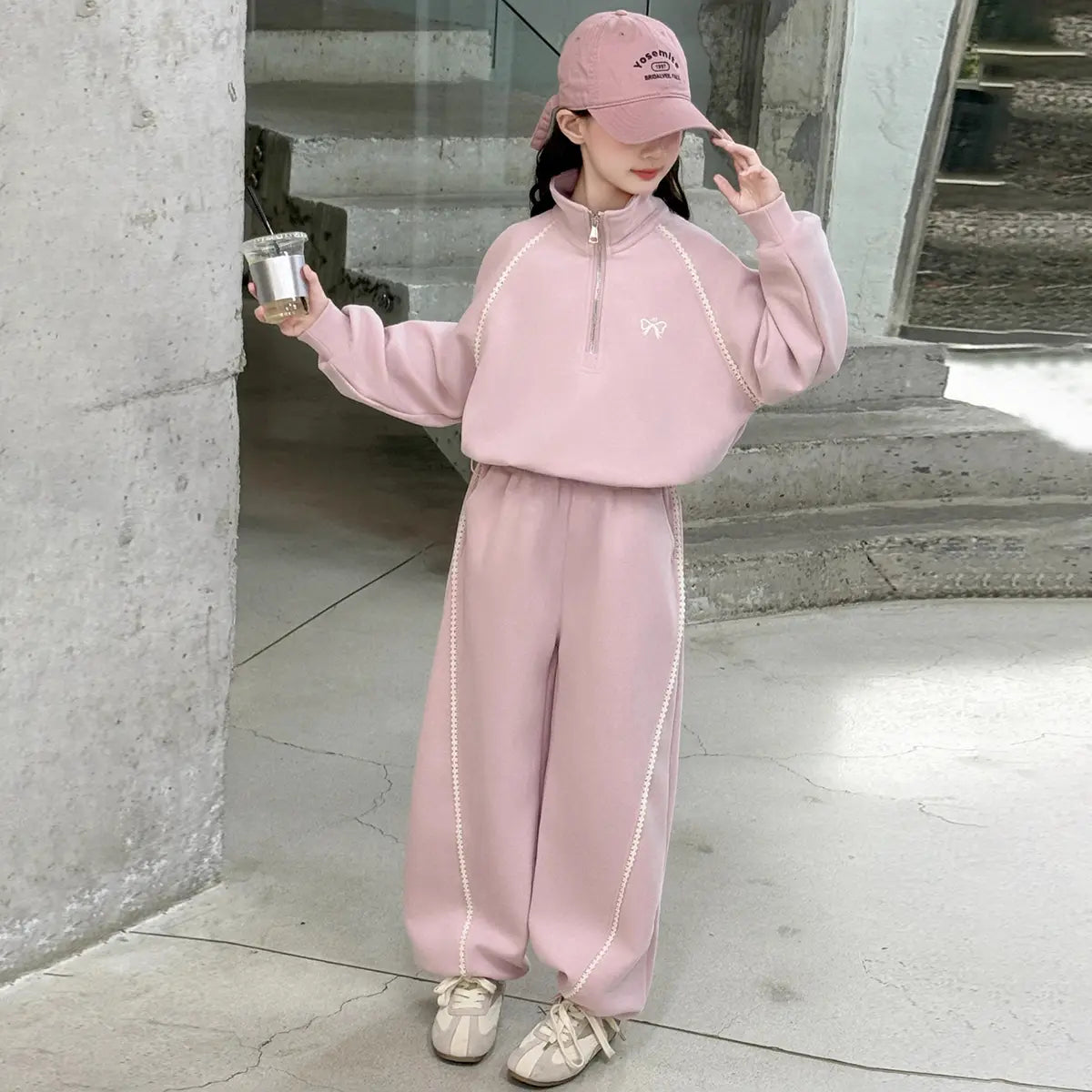 Girls Pink Half Zipper Pullover Top With Wide Leg Pants Co-ord Sets Sets Pink 5-6 Y