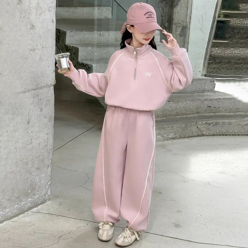 Girls Pink Half Zipper Pullover Top With Wide Leg Pants Co-ord Sets Sets Pink 5-6 Y