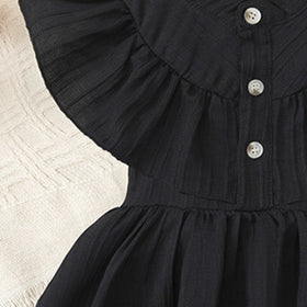 Girls Black Self Stripes Layered Dress With Button Details Casual Dresses
