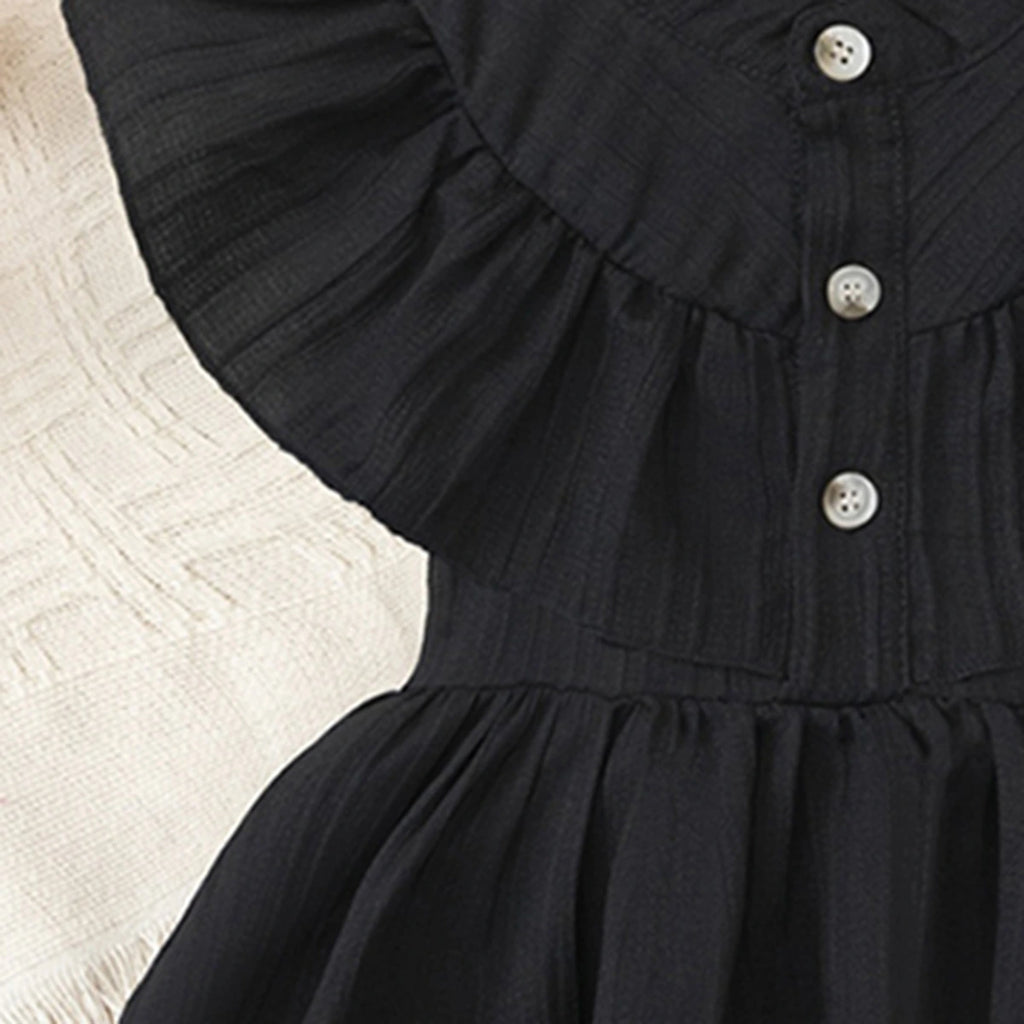 Girls Black Self Stripes Layered Dress With Button Details Casual Dresses