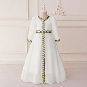 Girls White Long Sleeves Maxi Dress With Ethnic Motifs Trims Casual Dresses White 3-4 Y