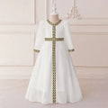 Girls White Long Sleeves Maxi Dress With Ethnic Motifs Trims Casual Dresses White 3-4 Y