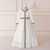 Girls White Long Sleeves Maxi Dress With Ethnic Motifs Trims Casual Dresses White 3-4 Y