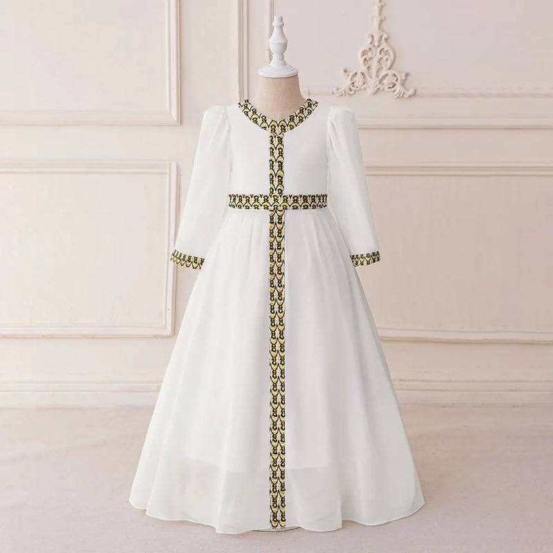 Girls White Long Sleeves Maxi Dress With Ethnic Motifs Trims Casual Dresses White 3-4 Y