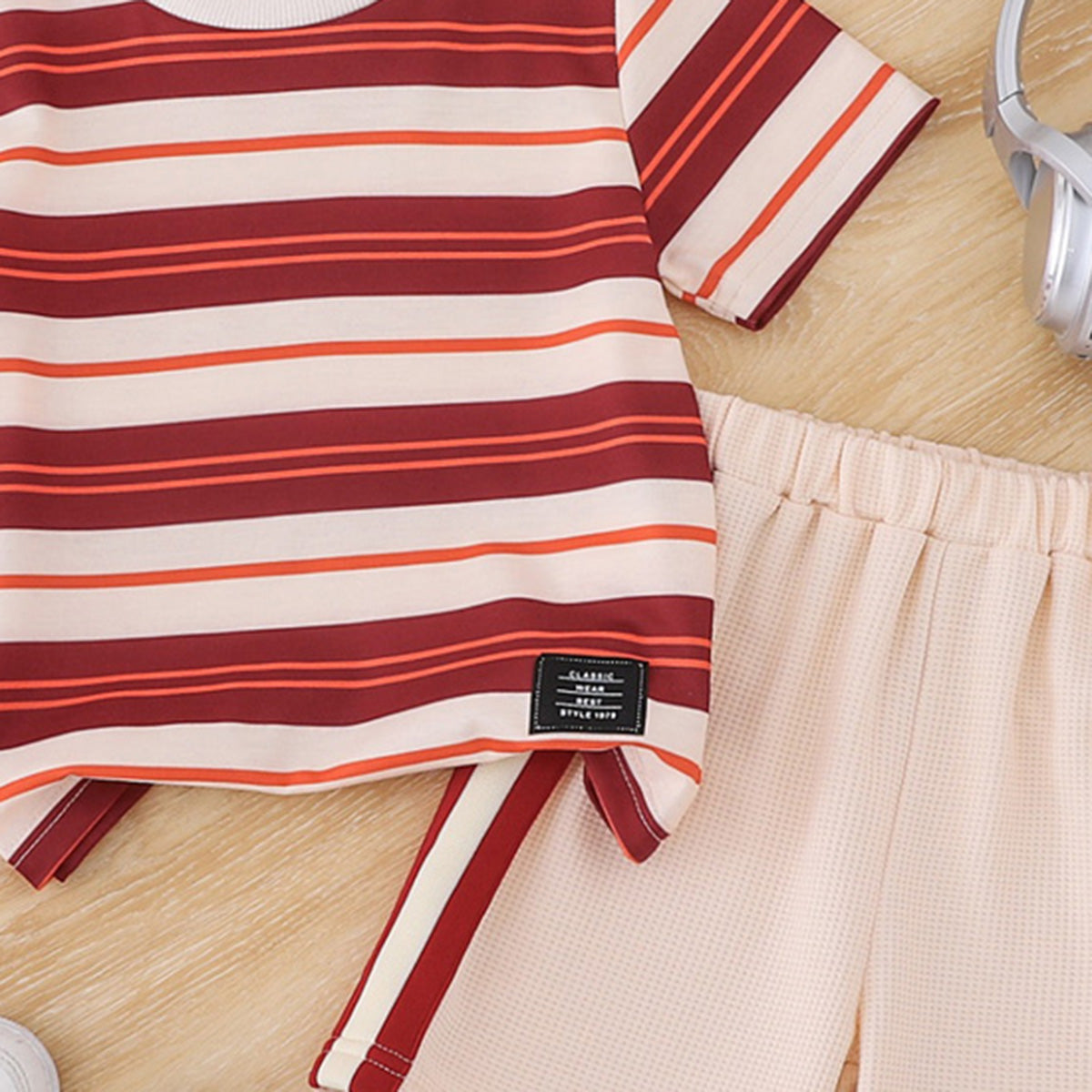 Boys Apricot Stripes Print Short Sleeve T-Shirt With Elasticated Shorts Set 2 pc. Sets