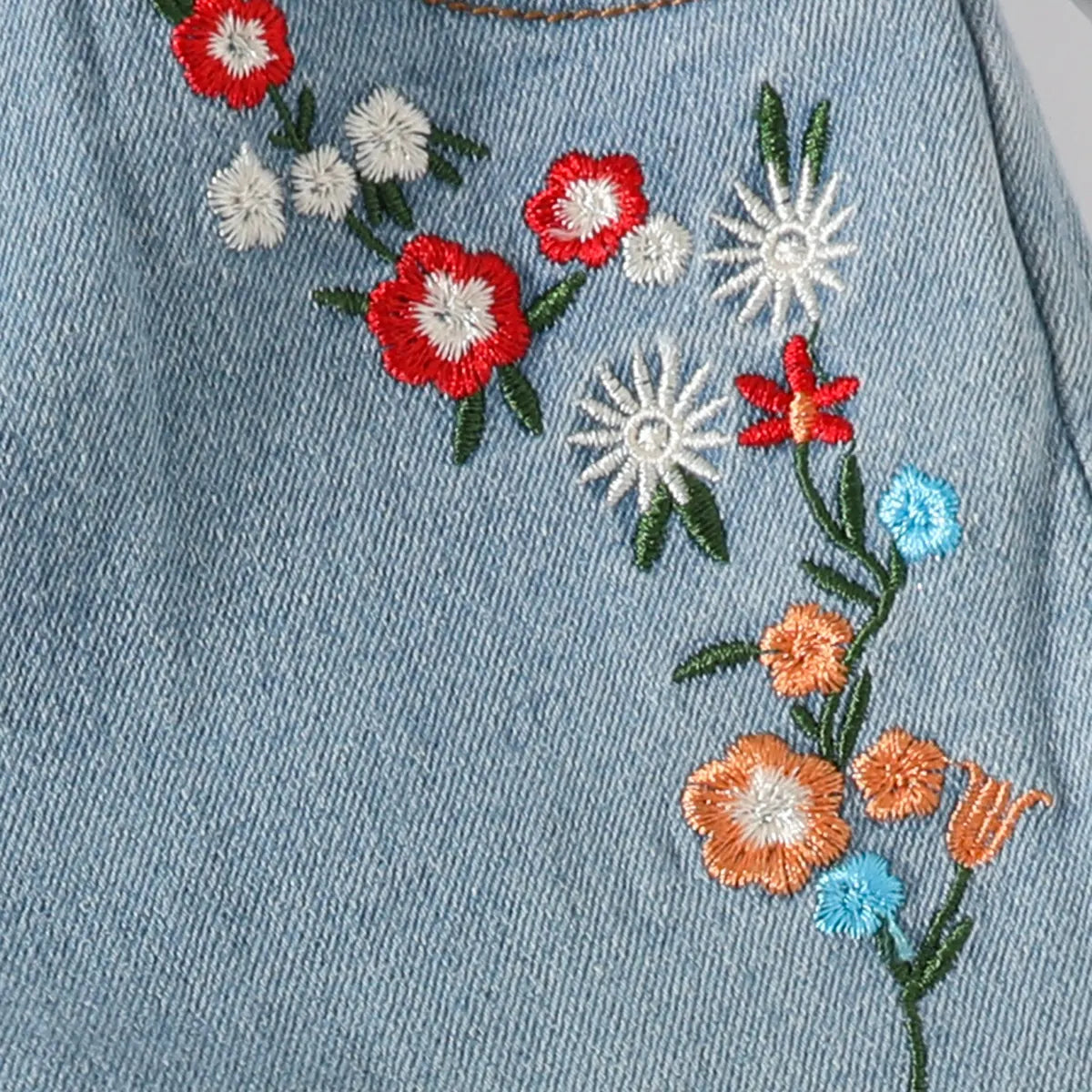Girls Light Blue Floral Embroidered Denim Shorts Shorts
