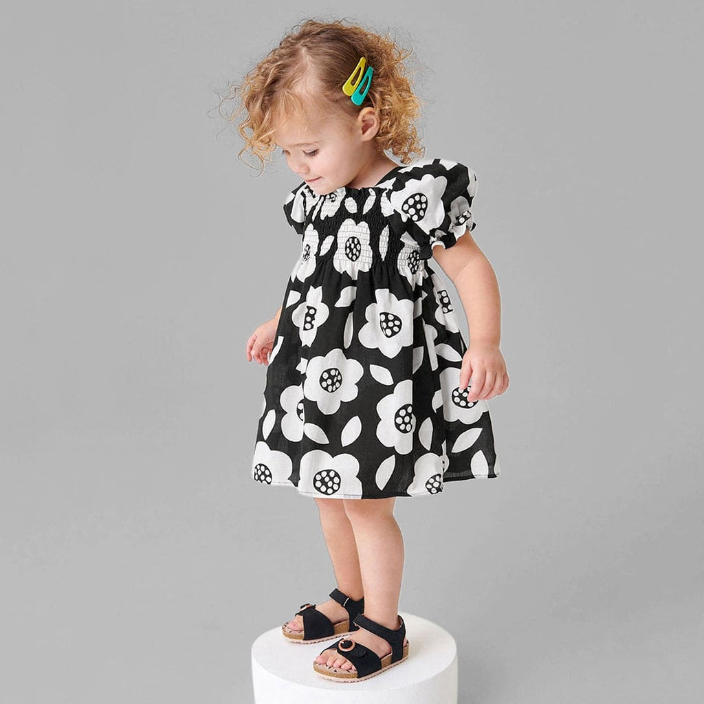 Girls Flower Print Puff Sleeve Dress Casual Dresses Black 1-2 Y 