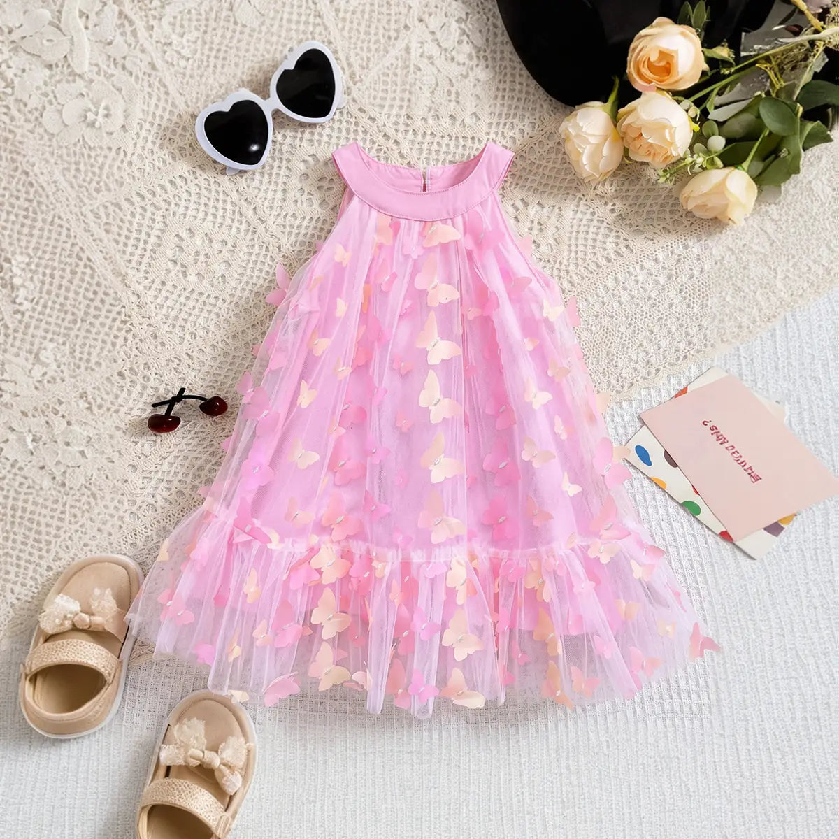 Girls Pink Butterfly Applique Sleeveless A-line Party Dress Party Dresses Pink 2-3 Y