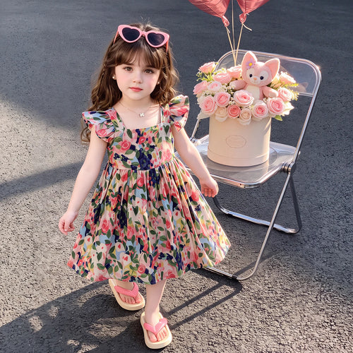 Girls Multicolour Floral Print Flutter Sleeve Fit & Flare Dress Casual Dresses Multicolor 1-2 Y