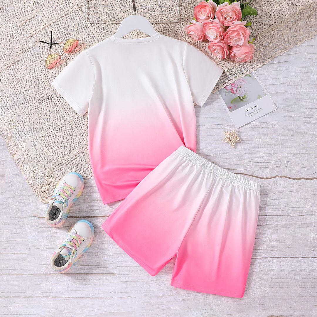 Girls White-Pink Ombre Effect T-shirt with Shorts Set Sets