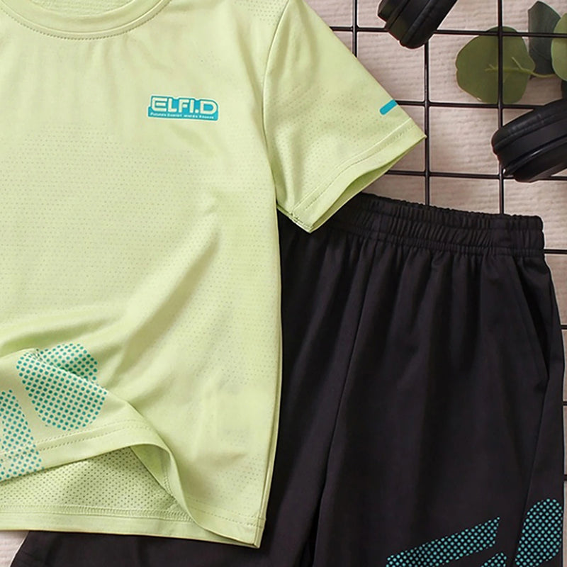 Boys Green Typography Print Short Sleeve T-Shirt With Shorts Sets 2 pc. Sets