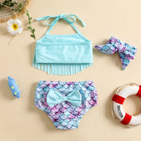 Girls Mint Blue Halter Top With Mermaid Print Briefs & Headband Swimwear Sets Sets