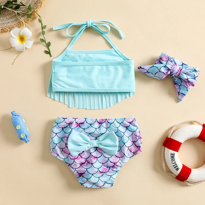 Girls Mint Blue Halter Top With Mermaid Print Briefs & Headband Swimwear Sets Sets