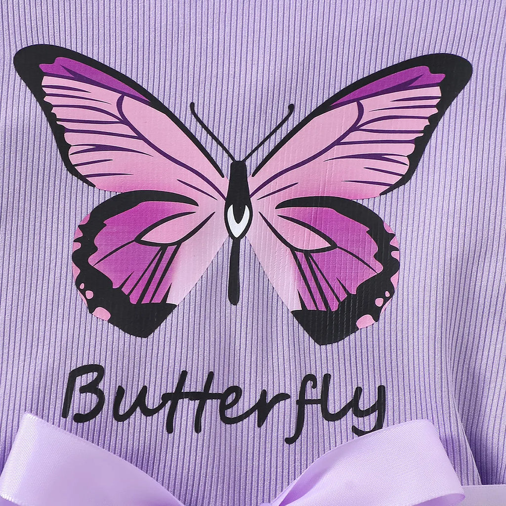 Girls Lavender Butterfly Print Flutter Sleeve Fit & Flare Dress Casual Dresses