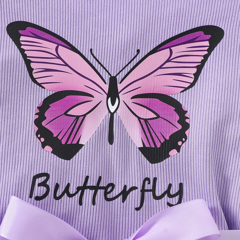 Girls Lavender Butterfly Print Flutter Sleeve Fit & Flare Dress Casual Dresses