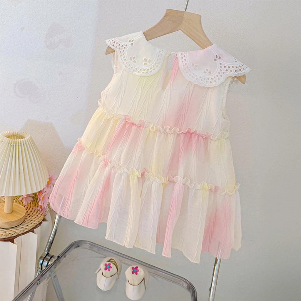 Girls Pink Tie-Dye Schiffli Dress with Peter Pan Collar Casual Dresses